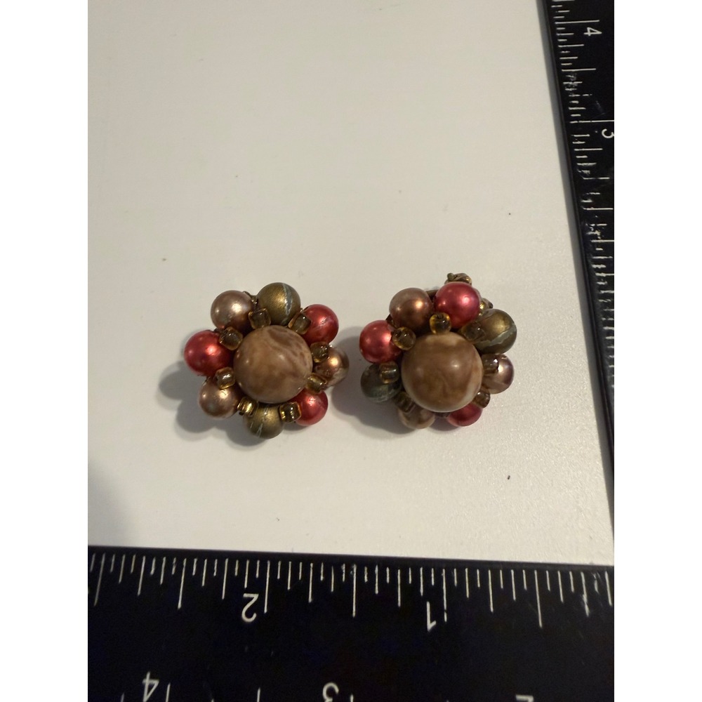 Vintage Japan Cluster Clip On Earrings Brown Red Faux Pearl Beaded Mid Century